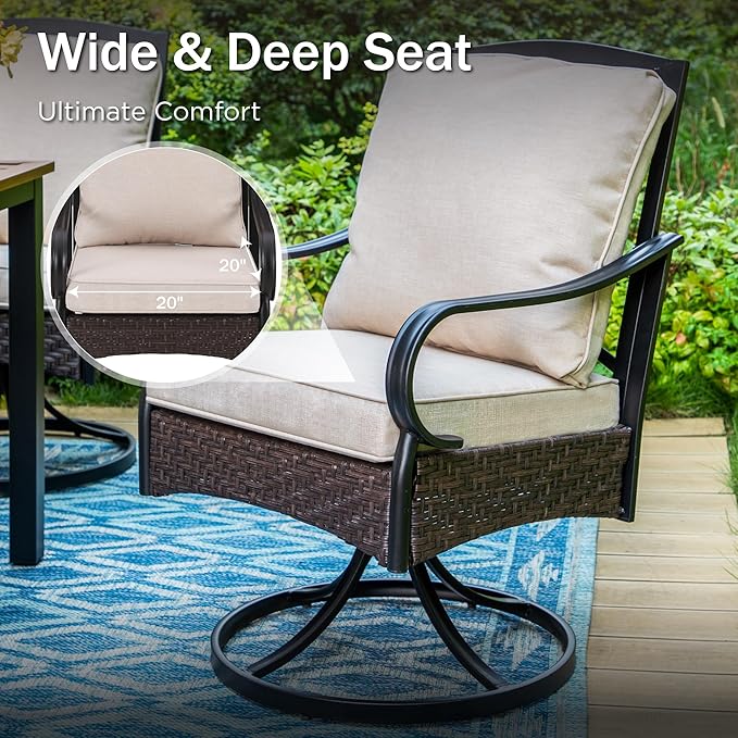 PHI VILLA 7-Piece Outdoor Dining Set, Heavy Duty Patio Table and Chairs Set with Umbrella Hole for 6, 64" Rectangular Patio Woodgrain Metal Table & Metal Wicker Dining Chairs with Cushions