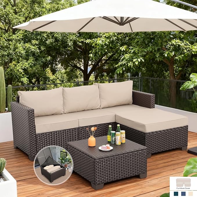 Patio Furniture Set 3 Piece Outdoor Sectional Sofa Set with Wicker Couch, Ottoman, Patio Table with Storage All-Weather Non-Slip Cushions and Waterproof Covers, Khaki