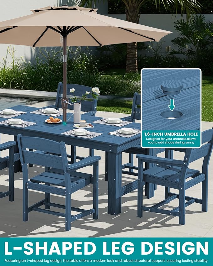 SERWALL Outdoor Dining Table Set, 67‘’ HDPE Patio Dining Set for 6, All-Weather Outdoor Table and Chairs Set for Deck, Blue