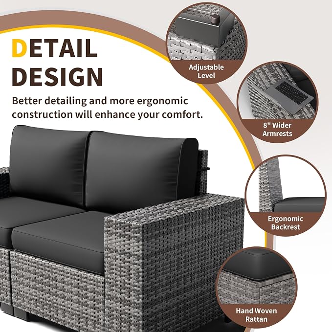 Outdoor Patio Furniture Set, 8‘’ Wide armrest Outdoor Sectional Rattan Sofa Set, Wicker Patio Furniture Sets w/Coffee Table,Thick Cushions and Cover for Porch, Balcony,Deck,8 PCS (Grey&Black)