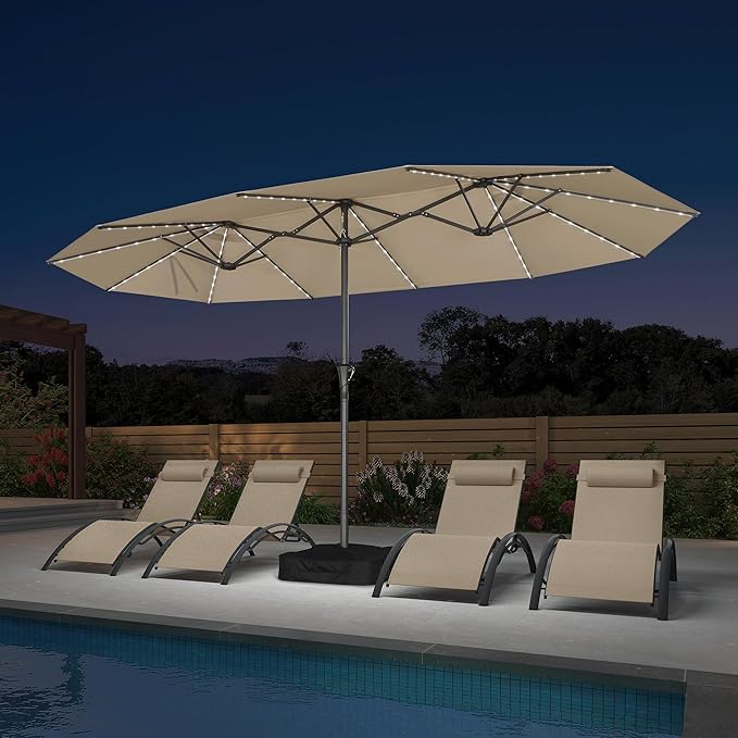 PURPLE LEAF 14ft Patio Umbrella with Solar Lights Outdoor Double-Sided Market Umbrella with Base Included Rectangle Table Umbrella for Pool Garden Backyard, Khaki