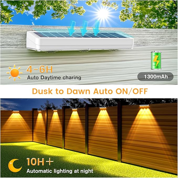 JOFIOS Solar Fence Lights Outdoor,1300mAh, 8pack,Warm/Natural/Cool White,IP65 Waterproof,Fence Lights Solar Powered,Solar Lighting for Deck, Backyard, Railing(White)