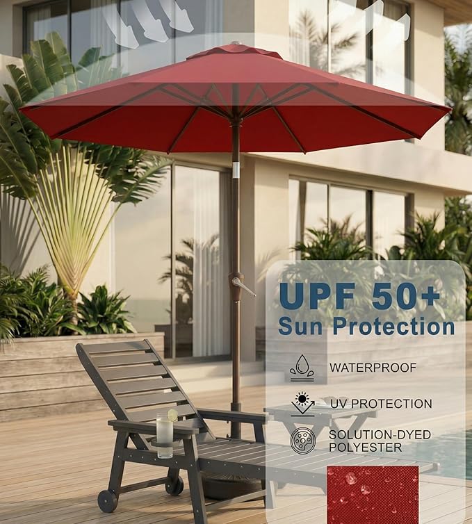 10FT Patio Umbrella, Outdoor Umbrella with Push Button Tilt and Crank, 8 Sturdy Ribs, UV Protection & Waterproof Market Umbrella for Pool, Backyard, Beach,Deck (Red)