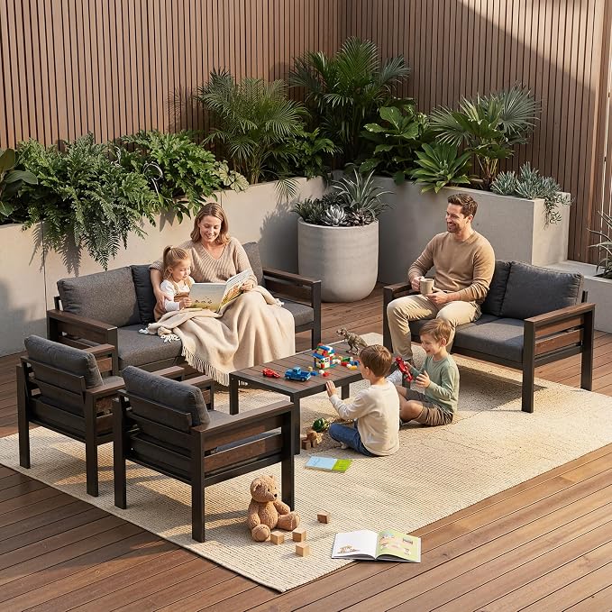 Outdoor Aluminum Patio Furniture Set, 7 Seat 5 Pieces Rust-resistant Patio Conversation Sets with 28D Thick Washable Cushions and Coffee Table, Oversized Metal Sectional Sofa Set for Backyard