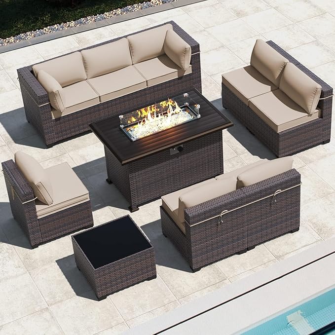 Outdoor Patio Furniture Set with Fire Pit Table, 10 Pieces Outdoor Furniture Set Patio Sectional Sofa w/43in Propane Fire Pit, PE Wicker Rattan Patio Conversation Sets - Brown