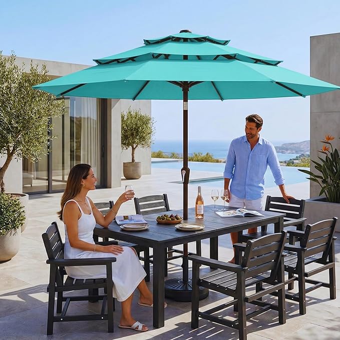 10ft 3 Tier Patio Umbrella, Outdoor Market Table Umbrella with UPF 50+ Vented Canopy, 8 Sturdy Ribs, Easy Push Button Tilt and Crank, Windproof for Deck, Pool, Backyard and Garden