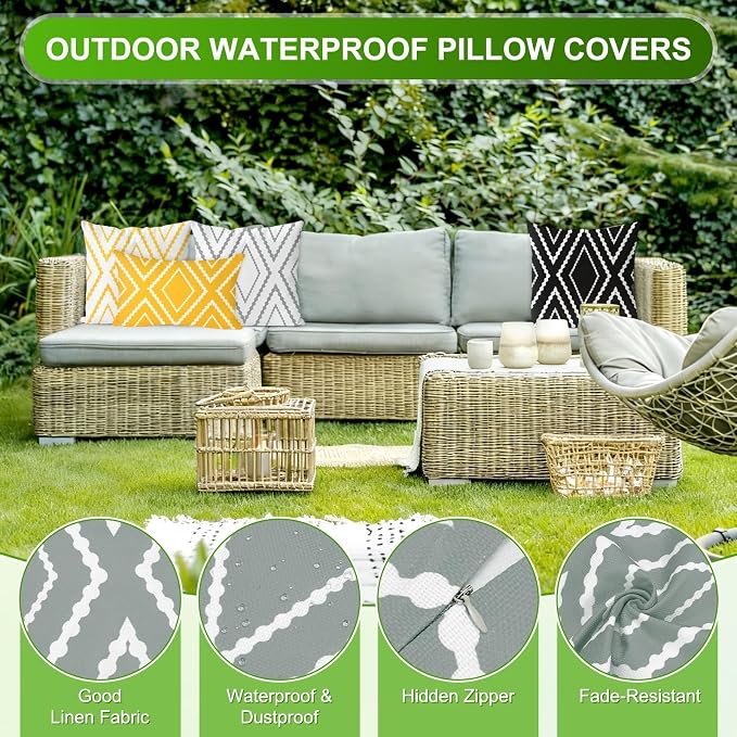 M METERXITY 2Pcs Boho Pillow Cover 20x20 Linen, Gray White Stripe | Water Resistant Boho Geometric Slipcover, for Patio, Balcony, Garden, Decor Pillow Case