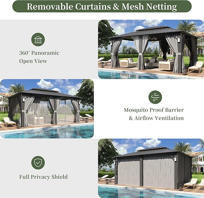 Aoxun 16'x12' Hardtop Gazebo with 4 LED Lights, Outdoor Gazebo with Galvanized Steel Double Roof, Patio Gazebo with Breathable Netting & Privacy Curtain, Decor Hooks for Backyard, Gray