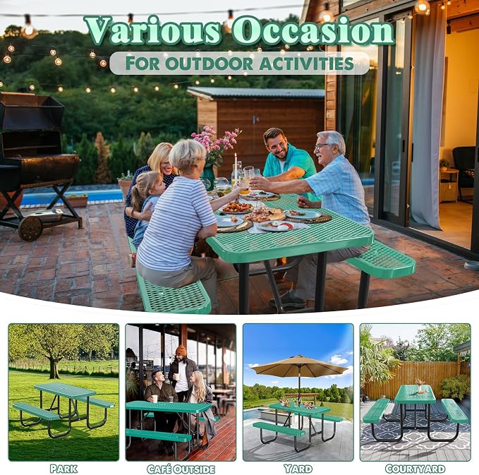 4FT/48IN Heavy Duty Outdoor Picnic Table and 2 Benches for 2-6 People, Weather Resistant Rectangular Steel Picnic Table Set with Umbrella Hole for Yard Patio Lawn Party Green