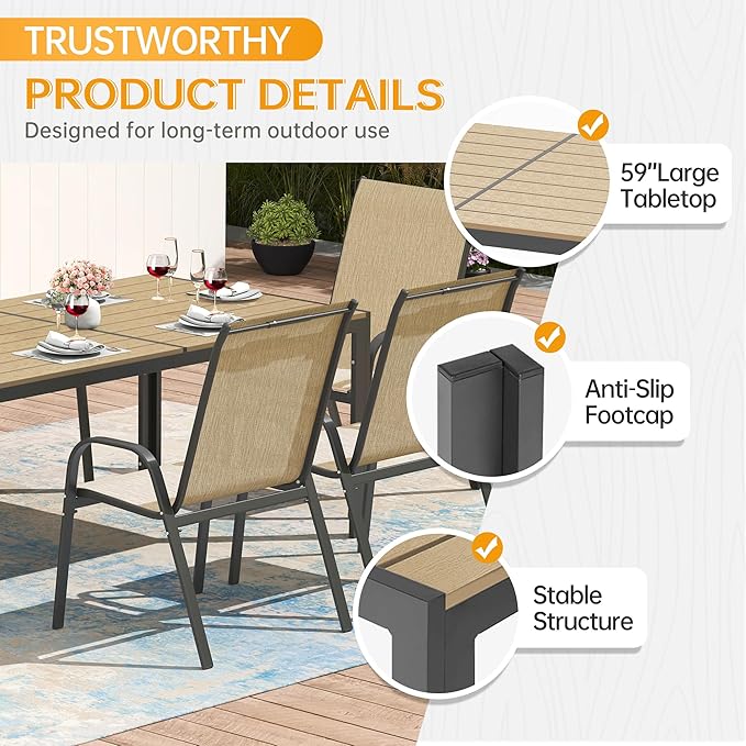 PIZZELLO 5-Piece Outdoor Dining Set Patio Dining Set for 4 Outdoor Table and Chairs All Weather Outdoor Patio Set w/Stackable Patio Chairs and HDPE Table for Backyard, Garden and Poolside, Khaki