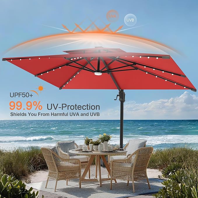 Aegis Pro 10' X 10' Cantilever Umbrella with Built-In LED Lights, Reinforced Aluminum Ribs & Pole, 360-Degree Rotation, Includes Cover for Garden Deck Pool Patio
