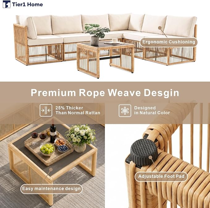 7 Piece Outdoor Patio Furniture Set, Wicker Sectional Sofa,Thick Cushions, All Weather Rattan Conversation Sets with Arm Chairs and Coffee Table for Backyard, Porch, Balcony, Deck, Garden