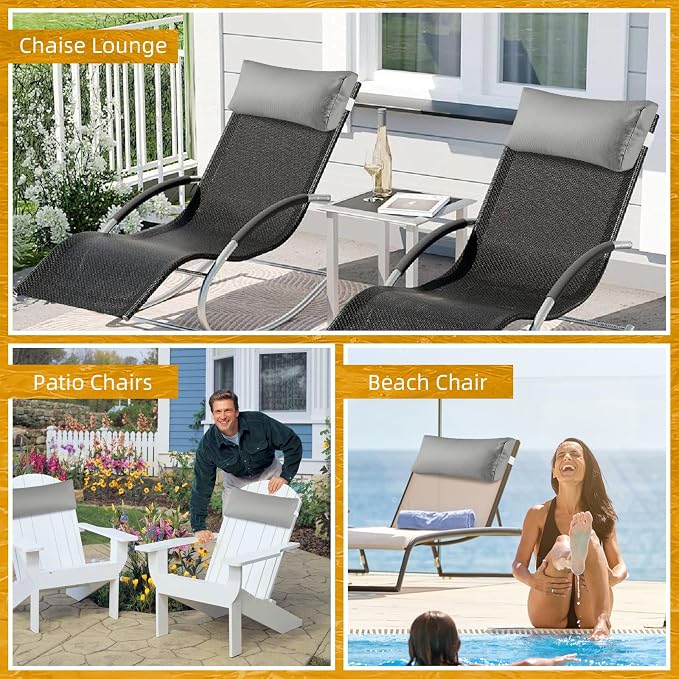 Outdoor Beach Chair Pillow, 4pcs Pool Lounge Chair Pillows Patio Headrest Pillow Lumbar Pillows with Insert and Adjustable Elastic Strap for Chaise Recliner Patio Office, Gray