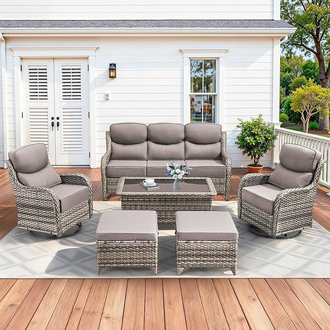 Luxury High Back Patio Furniture Set with 6-Inch Thick Cushions, 6-Pieces Outdoor Furniture with Swivel Chairs, Wicker Conversation Set for Porch, Balcony, Deck and Yard, Grey