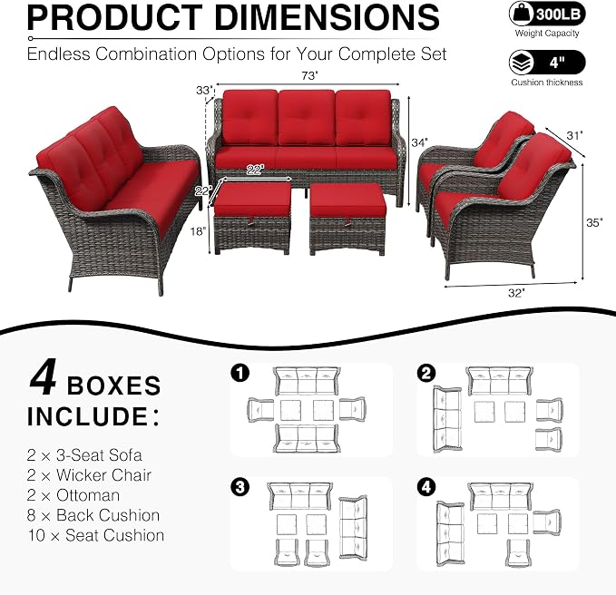 Joyside 6 Piece Wicker Patio Furniture Set, Rattan Patio Chairs with High Back, Deep Seating, Wide Armrest, Thickened Cushions, Outdoor Furniture for Deck, Porch Use