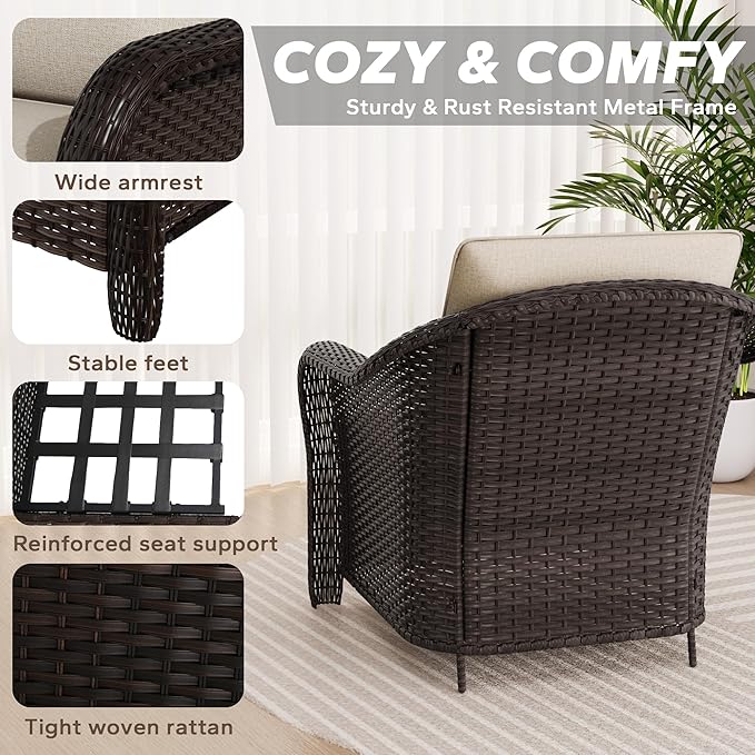 5 PCS Outdoor Conversation Set | 55" Couch, 2 Chairs, 2 Swivel Chairs, Patio Wicker Conversation Furniture with Removable Cushions for Bistro, Deck, Sunroom (Beige)