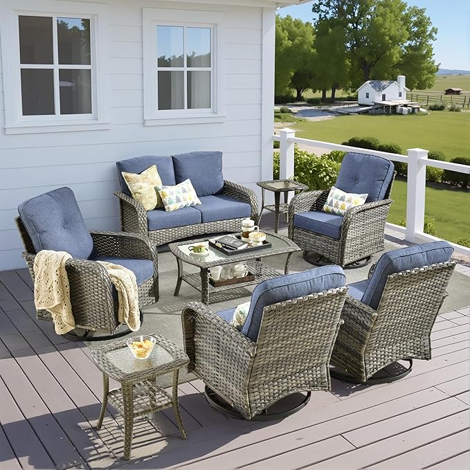 8 Pieces Outdoor Patio Furniture Set with Coffee Table, All Weather Wicker Patio Conversation Sets with Rocking Chairs, Balcony Furniture Sets for Backyard, Garden, Poolside, Denim Blue