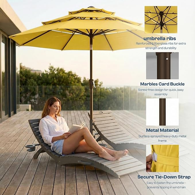 10ft Patio Umbrella, 3 Tier Outdoor Market Table Umbrellas with 8 Fiberglass Ribs and Push Button Tilt, Windproof, Vented Canopy, UV Protection for Deck, Pool, Backyard
