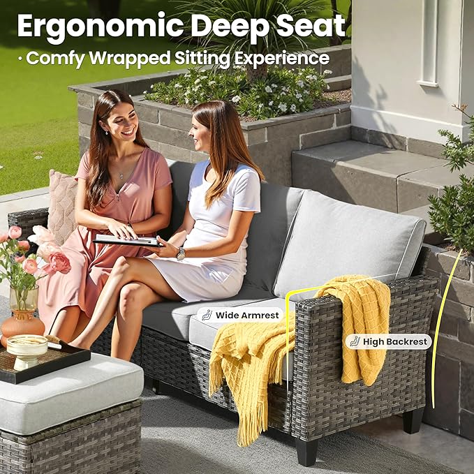 ovios 8 Pieces Patio Furniture Set, Outdoor Wicker Sofa Couch with Swivel Chairs, Rocking Glider Rocker with Comfy Cushions All Weather Rattan Conversation Set, Grey