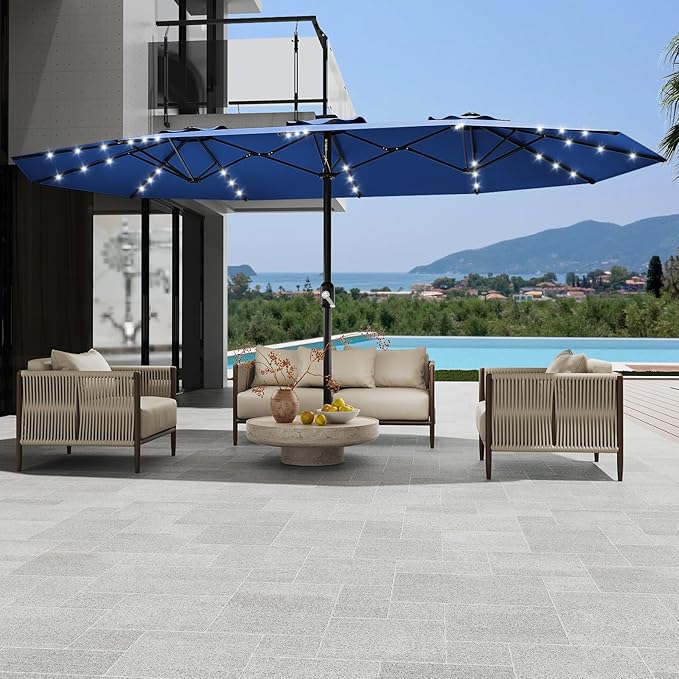 15FT Solar Patio Umbrella with 36 LED Lights, Weighted Base Included, Tilt and Crank Market Umbrella for Backyard, Garden, Deck, Pool, Beach