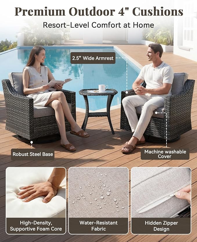 Patio Furniture Set 3 Pieces Luxury Outdoor Bistro with Swivel Rocker Chairs and Side Table, Easy Assembly Conversation Set for Porch Deck Balcony Yard in Gray Wicker and Beige Cushions