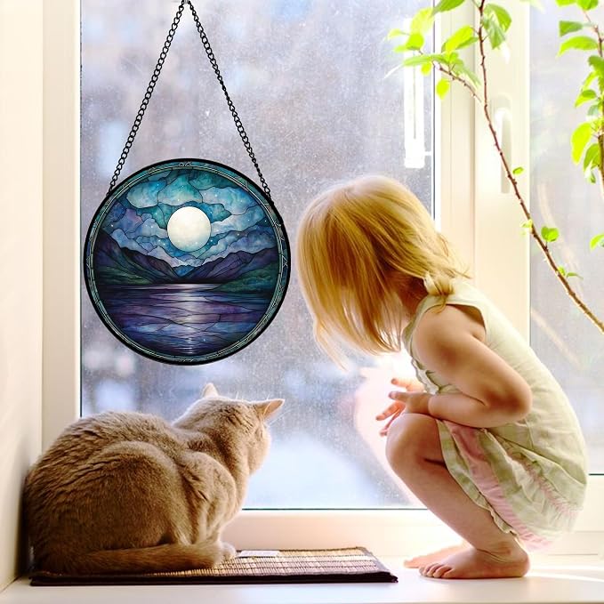 DASTOLL Stained Glass Window Hanging, Blue Night Moon Lake Sun Catchers Colorful Glass Panel Landscape Suncatcher Decor for Birthday for Women, Men, Wife, Aunt, and Mom 9.8 in