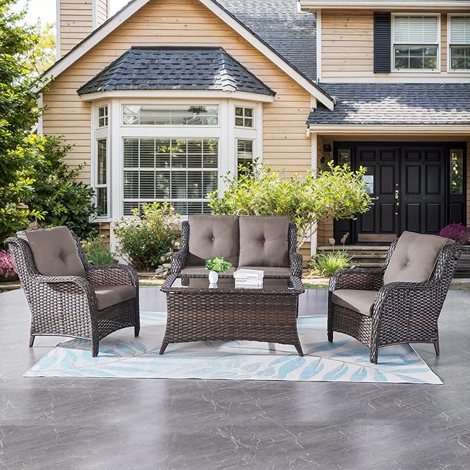 Belord Wicker Furniture 4 Pieces Outdoor Patio Furniture Set Patio Loveseat Sofa Set with Wicker Chairs and Coffee Table, Paito Conversation Set for Porch Garden Deck Balcony Poolside