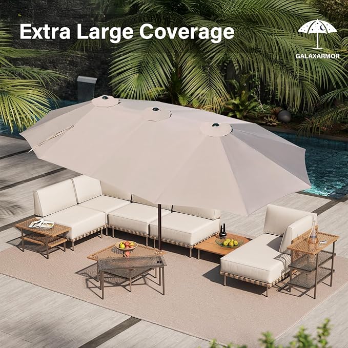 15ft Double Sided Patio Umbrella with Solar Lights, Outdoor Large Umbrellas with Crank Handle and 36 LED Lights, Rectangular Market Umbrella with Base Included for Deck Pool Shade (With Base)