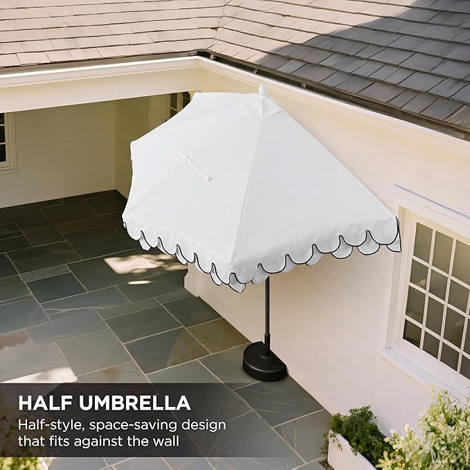 JONATHAN Y Terrace Scalloped 9 ft. Half Round Patio Umbrella with Crank Lift and Tilt, Coastal Semicircle Market Wall Umbrella for Balcony, White/Black, White Pole UMB1202D