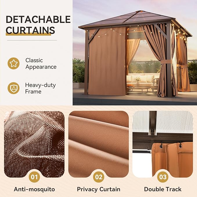 Aoxun 10'x10' Hardtop Gazebo, Outdoor Metal Gazebo with Polycarbonate Roof Canopy, Permanent Pavilion with Netting and Curtains for Lawn, Garden, Patio (Khaki, Single Roof)