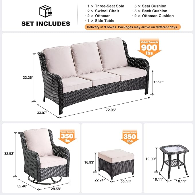 ovios 6-Pieces Patio Furniture Set with Swivel Chairs, Outdoor Wicker Sofa Couch Gliders Rocker Comfy Cushions, High Back Modern Conversation Set, Brown Rattan, Beige