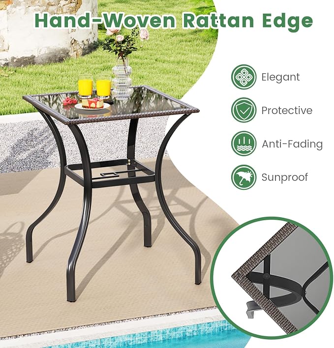 HAPPYGRILL Patio Bar Table, 28.5 x 28.5 inch Outdoor Bar Height Dining Table with Rattan Edge & Heavy-Duty Metal Legs, 2 inch Umbrella Hole, Square Bistro Bar Table for Poolside, Backyard, Balcony