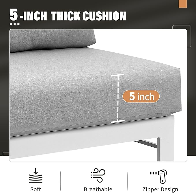 Solaste Aluminum Patio Furniture Set, Metal Patio Sectional Sofa with Imitation Wood Tabletop Coffee Table, Modern Outdoor Furniture Couch with Water-Resistant Cushion for Balcony Backyard, White