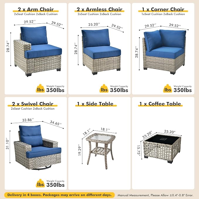 9 Pcs Outdoor Sectional Patio Furniture Set with Swivel Rocking Chairs - All Weather Wicker Modular Outside Sectional Couch,Patio Seating Outdoor Conversation Set for Deck Yard Garden,Navy Blue