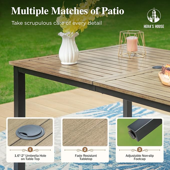 HERA'S HOUSE 7pc Outdoor Patio Dining Set, Wood-Look Metal Table, Blue | 64" rectangular table with umbrella hole, 6 textilene chairs. Waterproof, rust-resistant, all-weather for backyard, porch