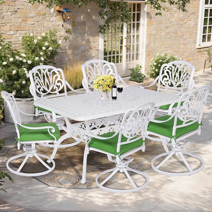 7-Piece Outdoor Patio Dining Set, 60” Rectangular Cast Aluminum Dining Table with Umbrella Hole and 6 Cushioned Swivel Rocker Chairs, Patio Funiture Set for Backyard, Patio, Garden, White