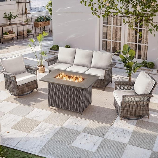 Patio Furniture Set with Fire Pit Table, 4PCS Patio Conversation Set Brown Resin Wicker Swivel Patio Chair and Sofa with 41in Rectangular Fire Table PE Rattan Patio Furniture Set