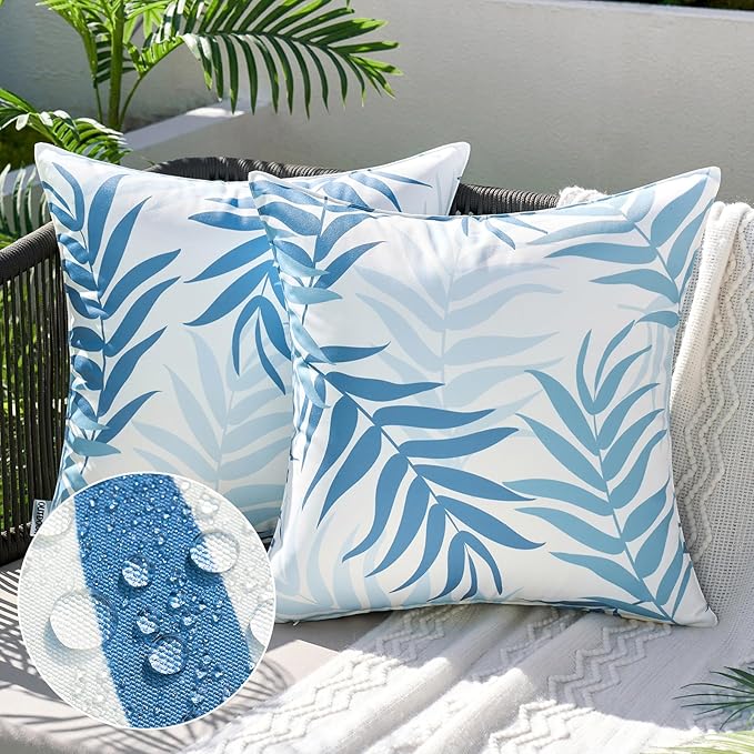 MIULEE Pack of 2 Decorative Outdoor Waterproof Throw Pillow Covers Patio Pillow Cases Natural Leaves Pattern Spring Square Cushion Shams Shell for Garden Balcony Couch 20x20 Inch, Light Blue