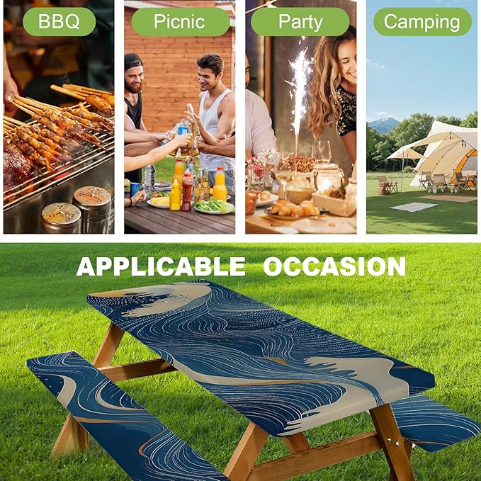 ANNA QUEEN Modern Abstract Art 6FT Picnic Table Cover with Bench Covers Set of 3 with Drawstring Bag, Blue Gold Lines 72"x30" Waterproof Picnic Tablecloth & Bench Covers for Patio Garden