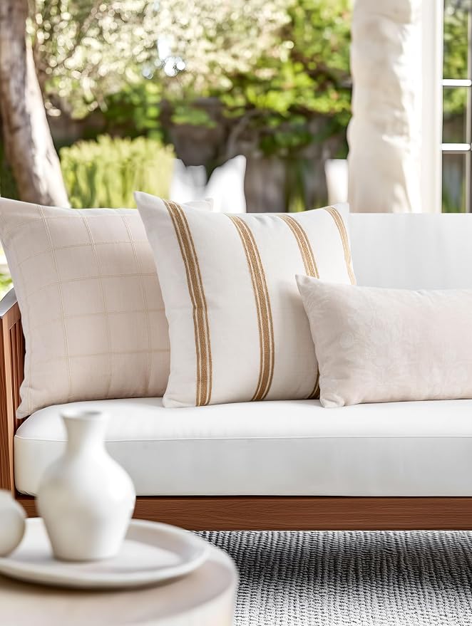 Modern Farmhouse Fall Linen Indoor Outdoor Throw Pillow Cover Only, 20"x20" Water Repellent for Patio, Backyard, Couch, Neutral Ivory Cream Embroidered Stripes