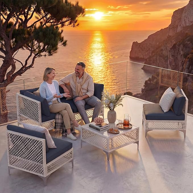 ENSTVER 5-Piece Outdoor Patio Furniture Set, Value Lightweight Boho Outdoor Sectional with Handwoven Wicker & Easy Assembly, Durable Outdoor Sofa for Small Patio, Balcony（Cushion Navy Blue）