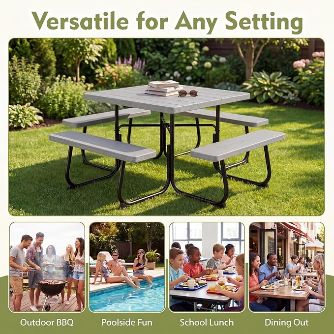 GYMAX Picnic Table Bench with Umbrella Hole, 8 Person Square Outdoor Picnic Table with Metal Frame & HDPE Tabletop, Camping Table for BBQ Yard Patio, 2300LBS Capacity (Gray)