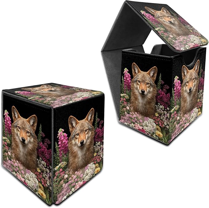 Flower Wolf Card Deck Box for MTG, Personalized Card Storage Case Fits 120+ Sleeved Cards, Premium Leather TCG Box with Strong Magnetic Closure for Magic, CCG, PTCG, Baseball Cards