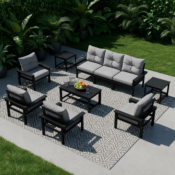 HDPE 7 Piece Patio Furniture Set, All-Weather Outdoor Couch Set with Thick Cushions & Coffee Table & Side Table, Patio Conversation Sets for Lawn, Garden, Porch, Balcony, Deck, Black & Grey