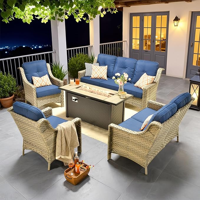 Outdoor Patio Furniture Sets, 5 PCS Patio Conversation Set Outside Rattan Sofa with 54 in Fire Pit Table Comfy Cushions Fit Backyard Porch Garden Poolside Balcony,Navy Blue