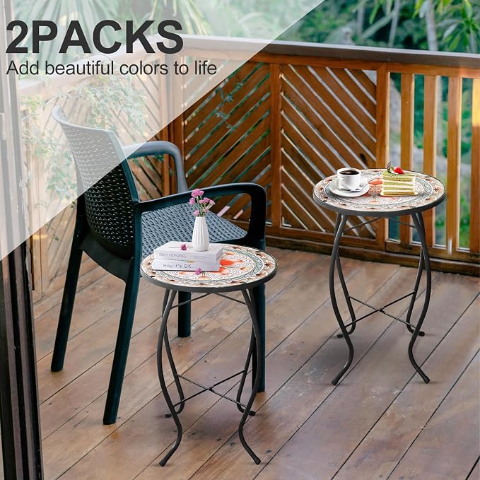 Arbuxzuy 2PCS 12 Inch Small Outdoor Side Table with Pink Flower, Glass Mosaic Patio Table Indoor, Round Plant Coffee Table for Living Room, Balcony, Garden