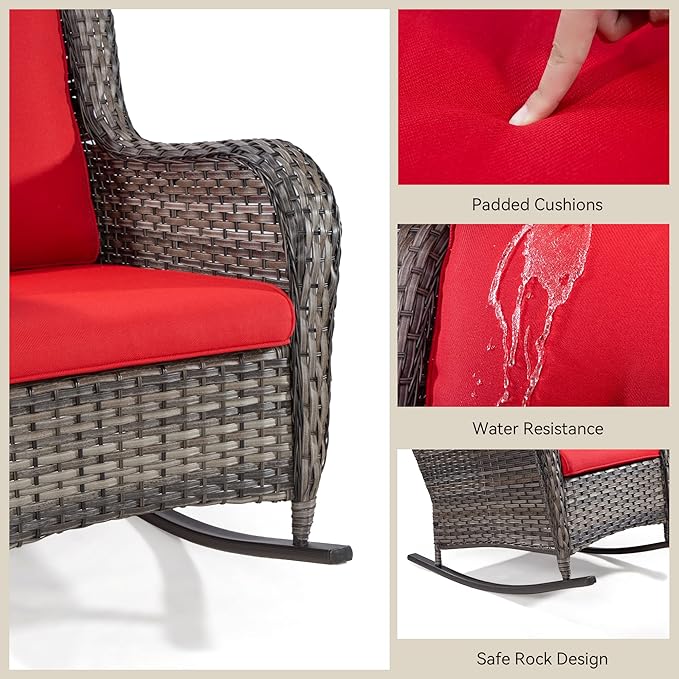 Outdoor Wicker Patio Rocking Chair - All-Weather Lawn Rocking Wicker Furniture with Alloy Steel Frame & Premium Fabric Cushion, Red