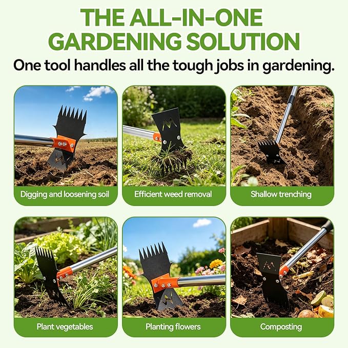 Weed Puller Tool with Long Handle, 60" Stand Up Manual Weed Remover Tool, 7-Tine Heavy Duty 2-in-1 Weed Rake & Grabber and Garden Hoe, Uprooting Weeding Pull Tool for Yard Lawn Patio Garden Flower Bed