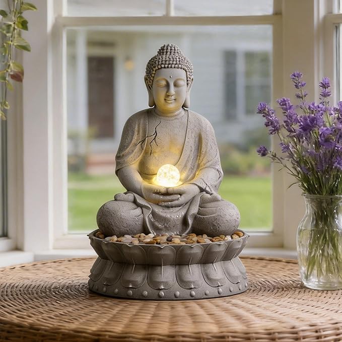 MAOCHI Buddha Statue Outdoor Water Fountain with LED Light, Gray Stone-Like with Lotus Base, Decorative Garden, Yard and Patio