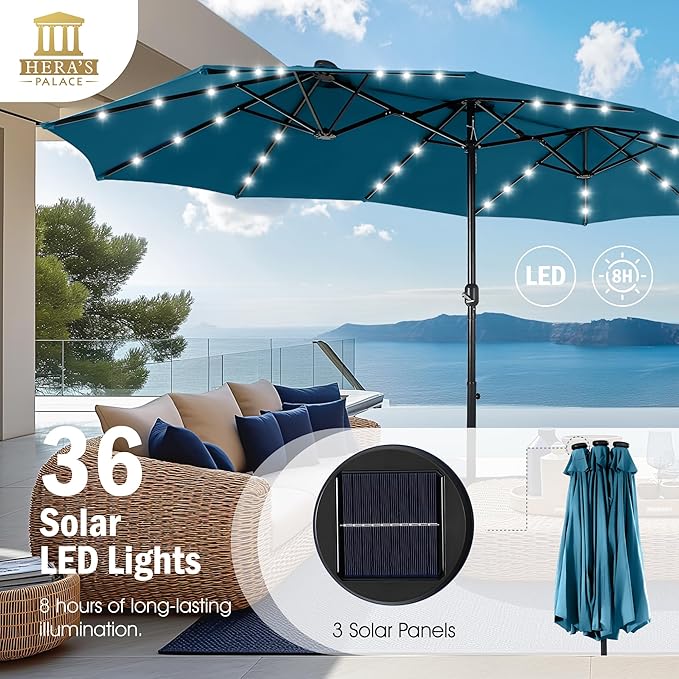 HERA'S PALACE 15ft Patio Umbrella with Base Included Double Sided Outdoor Umbrella for Patio Table Umbrella Outdoor 36 LED Solar Lights for Garden